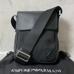 美品!! エンポリオアルマーニ EMPORIO ARMANI ショルダーバッグ 斜め掛け サコッシュ ボディ ロゴ 総柄 レザー ブラック 黒 保存袋