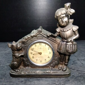 コレクター放出品 可動品 MEIKO TOKEI ゼンマイ式 置時計 古時計 彫刻 可愛い女の子 アンチモニー アンティーク 手巻き ネジ巻 昭和レトロ
