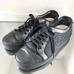 シャネル CHANEL ヌバック×レザー×ビニール スニーカー 37 ブラック