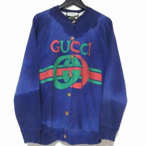 新品同様 GUCCI グッチ ヴィンテージ加工 ロゴプリント フローラ柄裏地 スウェット カーディガン ジャケット 566161 XJAV9 XS ブルー