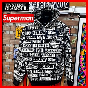 HYSTERIC GLAMOUR×Supreme　ヒステリックグラマー　シュプリーム　総柄ロゴ　プルオーバー　パーカー　L　ブラック　黒　裏起毛