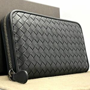 1円【極美品・定価約8万】BOTTEGA VENETA ボッテガヴェネタ イントレチャート ラウンドファスナー ブラック 黒 長財布 財布 レザー メンズ