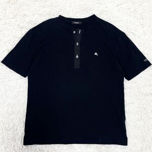 1円〜【極美品】BURBERRY BLACK LABEL バーバリーブラックレーベル ボタンノバチェック 半袖Tシャツ ヘンリーネック 日本製 3 L ブラック