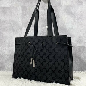 美品 GUCCI グッチ ビジネスバッグ ブリーフケース トートバッグ ハンド キャンバス レザー GG柄 マグネット ポケット 巾着 黒 ロゴ型押し