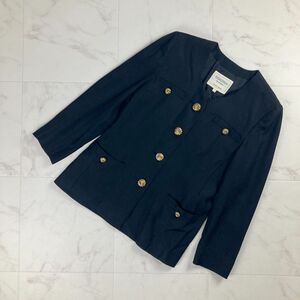 美品 KIMIJIMA BOUTIQUE キミジマブティック 金ボタン ノーカラージャケット 総裏 レディース 紺 ネイビー サイズ9*MC388