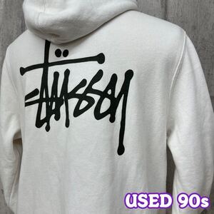 M■【 USED 90年代 】① Stussy ステューシー メンズ ベーシックロゴ バックプリント ジップアップパーカー 白 ホワイト Mサイズ 裏起毛 