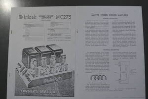 Mcintosh MC275 STEREO POWER PREAMPLIFIER　 OWNERS MANUAL