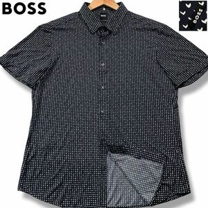 未使用級/XLサイズ●現行タグ HUGO BOSS 半袖シャツ 羽織り HUGO BOSS ストレッチ 軽量 速乾 トロトロ 総柄 幾何学模様 夏 BOSSロゴタグ