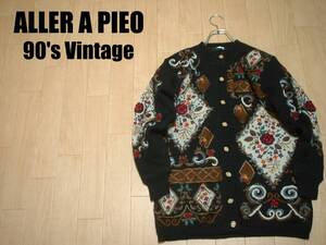 90sビンテージALLER A PIEOレトロ刺繍&ビーズウールカーディガン美品レディースLアンティークVintageフラワー花柄刺繍セーター黒ブラック