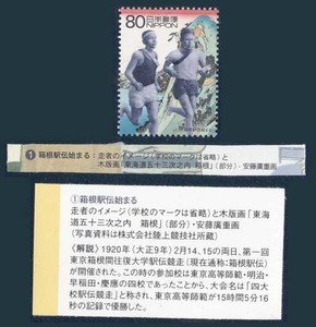 貴重◆解説文付き・記念切手◆【箱根駅伝始まる・1920年初開催】80円☆安藤広重　木版画・東海道五十三次の箱根（部分）◆送料85円