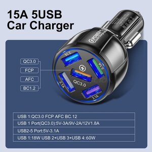 最強15A QC3.0 多機能充電 カーチャージャー シガーソケット 5ポート USB 車載充電器 Quick Charge XZ/XZ2 Galaxy S9/S8 GoPro Hero