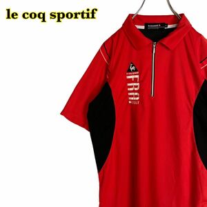 le coq sportif ルコックスポルティフ　半袖シャツ　ハーフジップ　刺繍　赤黒　ゴルフ　メンズ　LLサイズ　【AY1438】