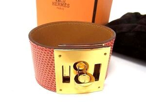 1円 ■極美品■ ■極上■本物■美品■ HERMES エルメス ケリードッグ リザード シルバー金具 ブレスレット T刻印 2015年 レッド系 AW0844