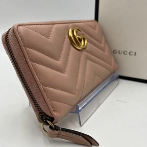 1円《美品》GUCCI グッチ GG マーモント キルティング 長財布 ラウンドファスナー ジッピーウォレット レザー 本革 ピンク ゴールド金具