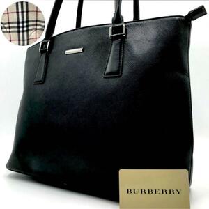 美品/A4収納可能●BURBERRY バーバリー メンズ ビジネスバッグ トート 内側ノバチェック サフィアーノレザー 黒 書類鞄 自立 肩掛け