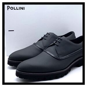 未使用 POLLINI [ポリーニ] レースアップシューズ ポインテッドトゥ プレーントゥ ブラック 黒 40 25cm イタリア製 メンズ