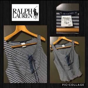◆RALPH LAUREN ラルフローレン　タンクトップ ボーダー 柄　胸元編み上げ コルセット風　超ストレッチ　（株）インパクト21 サイズM 