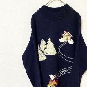 ニット セーター 刺繍 アニマル ウール アート レトロ感 ネイビー