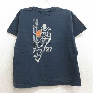 古着 半袖 ビンテージ Tシャツ キッズ ボーイズ 子供服 00s バスケットボール HOOPS 27 コットン クルーネック 紺 ネイビー 24aug19