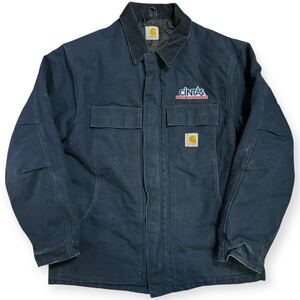 雰囲気抜群 Carhartt 企業ロゴ ダック トラディショナルコート フェード ネイビー Lサイズ C003 DNY 古着 メキシコ製