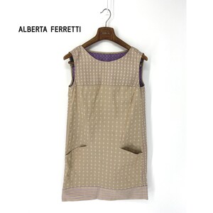 A6723/美品 春夏 ALBERTA FERRETTI アルベルタフェレッティ 総柄 花柄 ノースリーブ ボックス 膝丈 ワンピースI42 M程 ベージュ/レディース