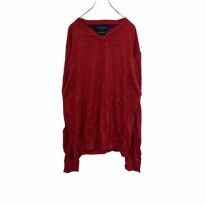 TOMMY HILFIGER Vネックセーター XL レッド トミーヒルフィガー オーバーサイズ ロゴ ワンポイント 古着卸 アメリカ仕入 t2201-4574