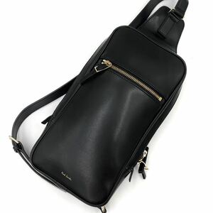 1円 【極美品】 PaulSmith ポールスミス ボディバッグ マルチストライプ オールレザー ショルダー メンズ 斜め掛け ブラック ロゴ 紳士 黒