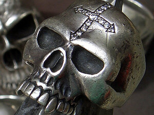 卍 90S 十字架 骸骨 髑髏 純銀 SILVER Crazy Zirconia Skull Ring キース スカルリング ジルコニア 輝クロス 男気 重圧 コミカルスケルトン