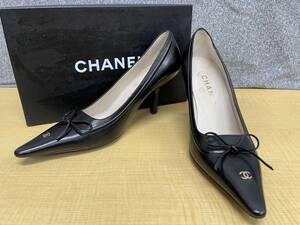 難あり★シャネルCHANELココマークリボンポインテッドトゥパンプス★サイズ37/23.5～24cm★B18094