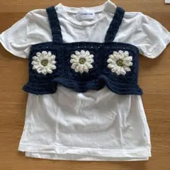 ハンドメイド　花モチーフ ネイビー トップス　グラニースクエア