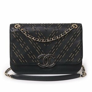 （中古）シャネル CHANEL フラップ V ステッチ チェーン ショルダーバッグ 2WAY ココマーク シープスキン レザー ブラック 黒 A91893