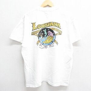 XL/古着 半袖 ビンテージ Tシャツ メンズ 90s ルイジアナ NYC 月 トカゲ コットン クルーネック 白 ホワイト 23aug28 中古