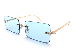 FLAT LENS SQUARE SUNGLASS GOLD × LIGHT BLUE/フラットレンズスクエアサングラス縁なしリムレスツーポイントストリートカジュアル夏