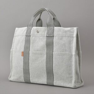 美品 HERMES エルメス ニューフールトゥMM トートバッグ ハンドバッグ グレー キャンバス クリーニング済 A4 軽量 鞄 Ma.a/a.c