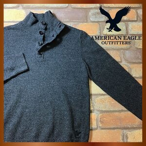 ME8-407★アメリカ古着★良品★【AMERICAN EAGLE アメリカンイーグル】ヘンリーネック セーター【メンズ S】濃灰 アメカジ ニット 小さめ