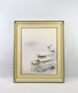 真作 松尾冬青 日本画「雪景金閣寺」画 47×60cm 12号 京都府出身 日本美術院特待 降り頻る雪の中、一面雪化粧の鹿苑寺と衣笠山の冬景 8081