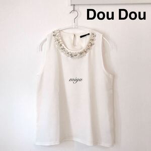 美品★Dou Dou ドゥドゥ ビジュー付きシフォンノースリーブ ブラウス★ホワイト系 タンクトップ インナー フリーサイズ M★アパレル みゆ