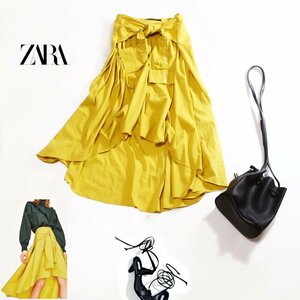 ZARA woman ザラ ウーマン 春 夏 きれい色 シャツ生地 ミモレ丈 袖ベルト デザイン ベルト一体 フレアスカート XS イエロー 黄色