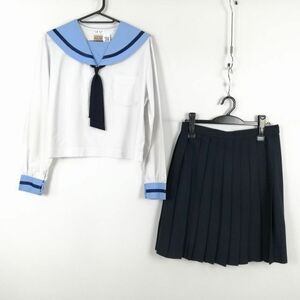 1円 セーラー服 スカート ネクタイ 上下3点セット 大きいサイズ 中間服 青1本線 女子 学生服 岩手花巻中学 白 制服 中古 ランクC NA9655