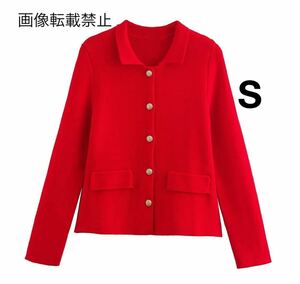 red レッド vintage ヴィンテージ レトロ ニット カーディガン トップス Sサイズ レディース★ZARA 好きな方に★2024 A/W 秋新作 新品★