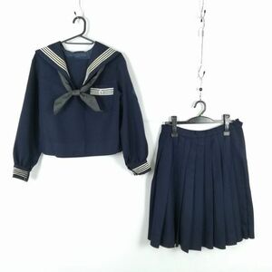 1円 セーラー服 スカート スカーフ 上下3点セット 指定 冬物 白4本線 女子 学生服 宮城常盤木学園高校 紺 制服 中古 ランクC EY5037