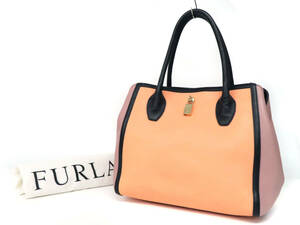 24426 美品 FURLA フルラ トライカラー パドロック付き 本革 レザー 肩掛け トートバッグ ショルダーバッグ 鞄 橙色×薄紫×黒 レディース