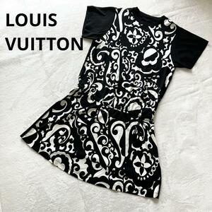 美品★ルイヴィトン Louis Vuitton LV Tシャツドレス サマードレス ワンピース ロゴ ブラック サイズS モノグラム シルク コットン 総柄