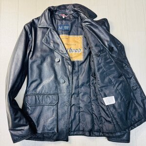 良品/48 L相当★アルマーニ/ARMANI JEANS 裏地プリント 羊革 ラムレザー 中綿入り テーラード ジャケット ロゴメタル釦 アウター メンズ 黒