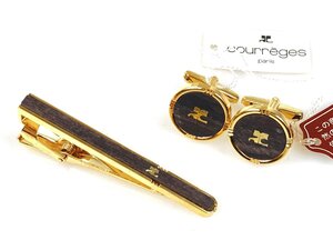 クレージュ　courreges　ロゴ　ネクタイピン　カフス　セット　ウッド×ゴールドカラー　YMA-1703