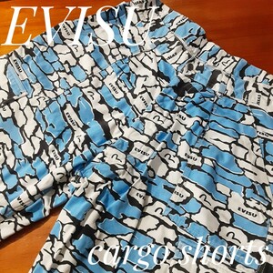 最値!良品!名作完売!唯一無二の存在感!石垣迷彩モデル!エビス(EVISU)高級カーゴ ショート パンツ ハーパン!ブルー×ホワイト!青白 W36