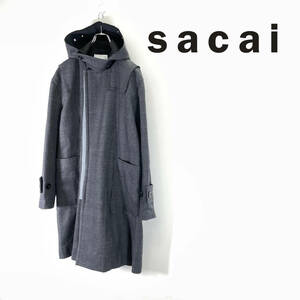 2022AW sacai サカイ ウールチェック ボンディング フーデッド ロング コート size M 22-02887M 0120455