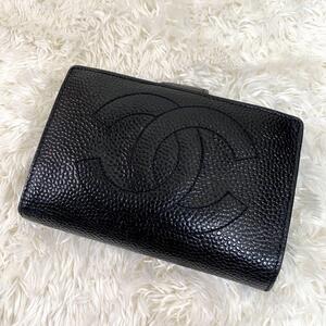 1円 美品 CHANEL シャネル ブラック レザー 二つ折り財布 がま口 シボ革 本革 財布 ウォレット デカココ ココマーク コンパクト