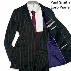 美麗品◎Lサイズ!!ポールスミス【ロロピアーナ 120’S生地】Paul Smith×Loro Piana ストライプ セットアップ スーツ ブラック◎メンズ