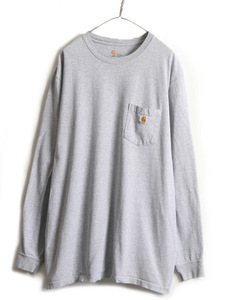 ■ カーハート ポケット付き 長袖 Tシャツ ( メンズ XL ) 古着 CARHARTT ロンT ワンポイント クルーネック ポケT ロゴT 無地 グレー 灰